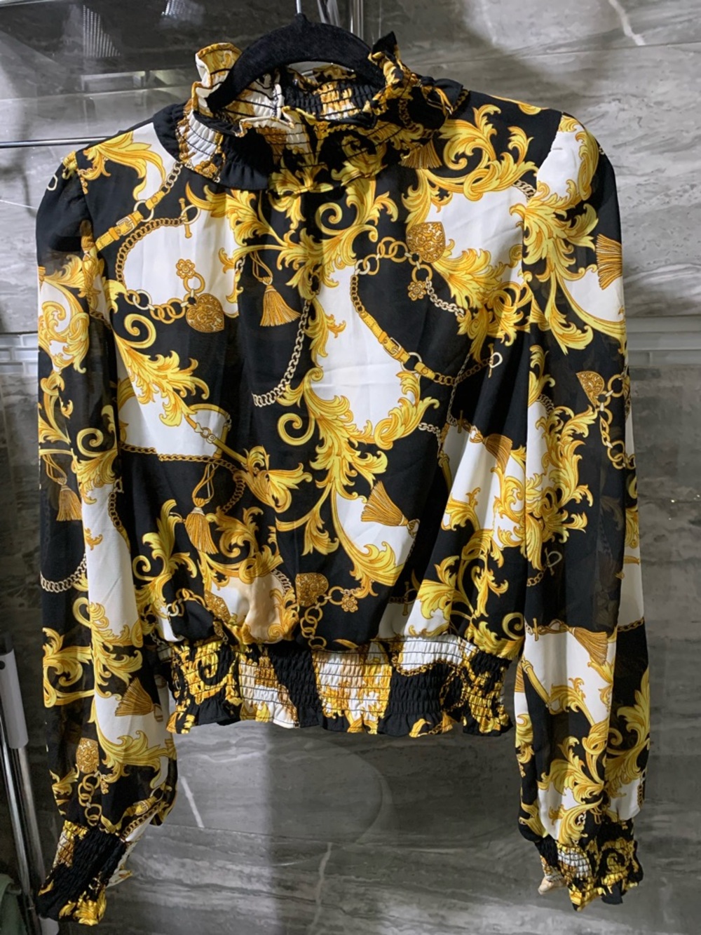 Black & Gold Baroque Print Blouson Top
